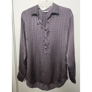 Cabi 100%‎ Silk Purple Geometric Long Sleeve Henley Half Button Down Blouse Med